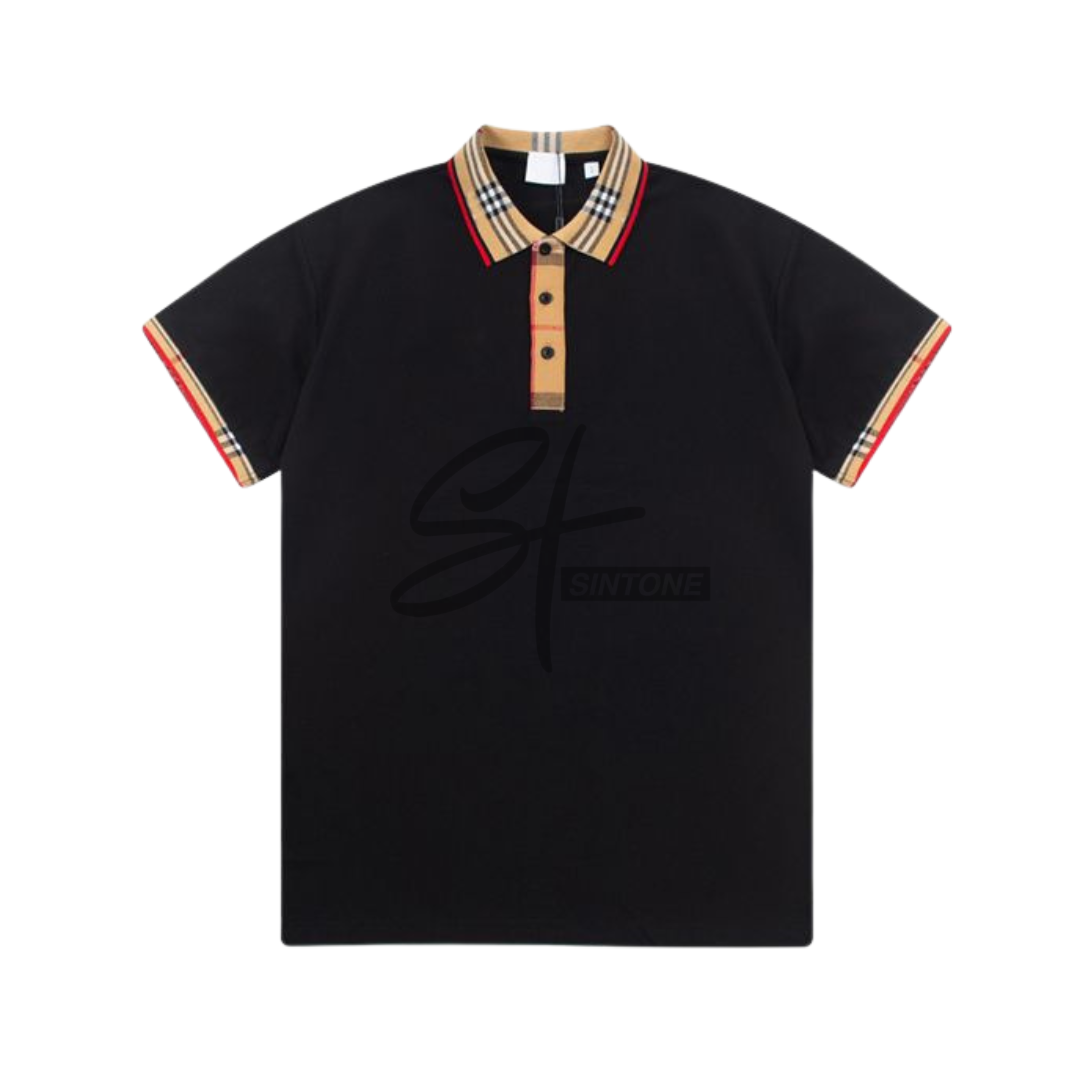 Burberry Black Polo Shirt with checkered Collar & Sleeves