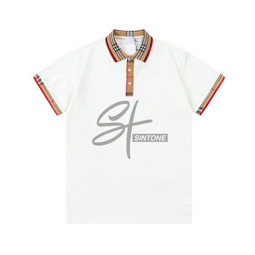 Burberry White Polo Shirt with Checkered Collar & Sleeves