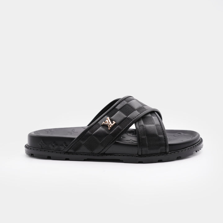 LV Black Premium Quality Upper Slide Leather Slipper