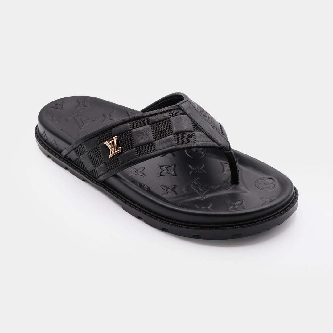 LV Black Premium Quality Leather Slipper