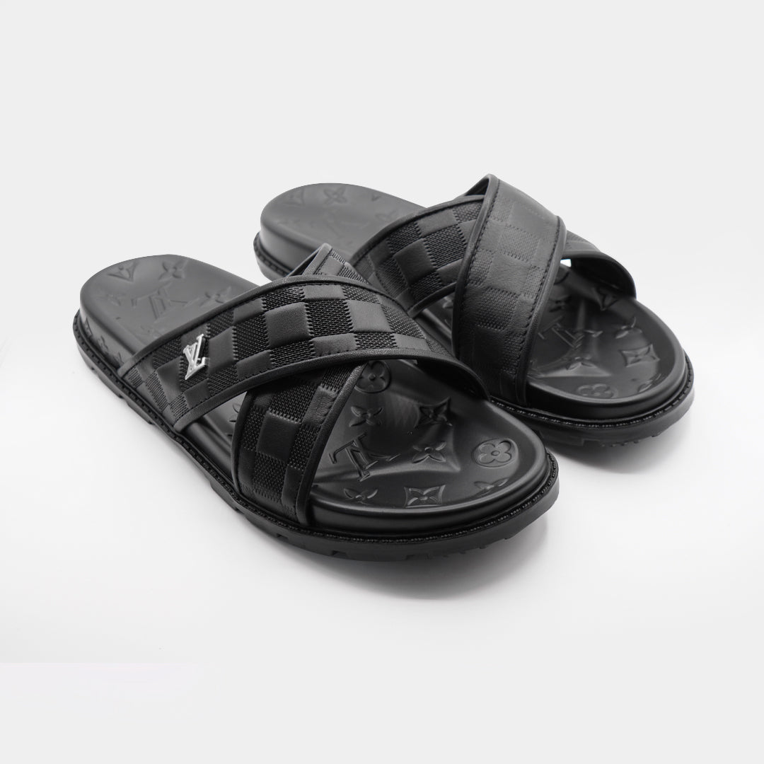 LV Black Premium Quality Upper Slide Leather Slipper