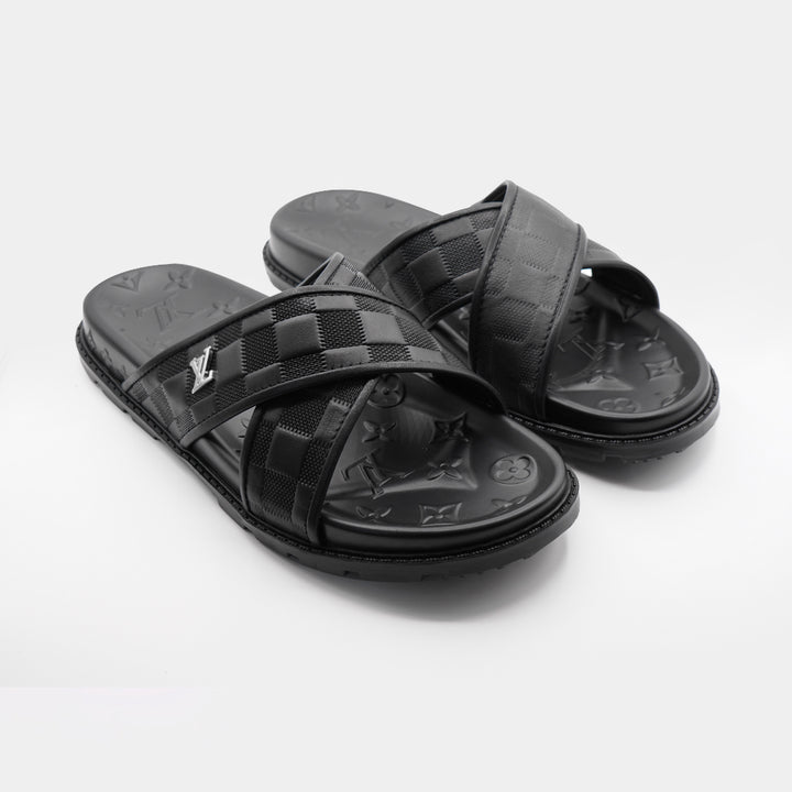 LV Black Premium Quality Upper Slide Leather Slipper