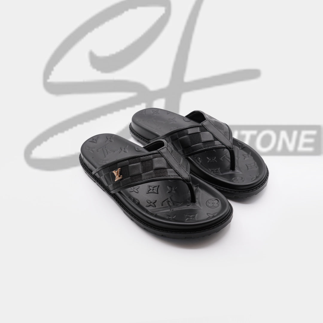 LV Black Premium Quality Leather Slipper