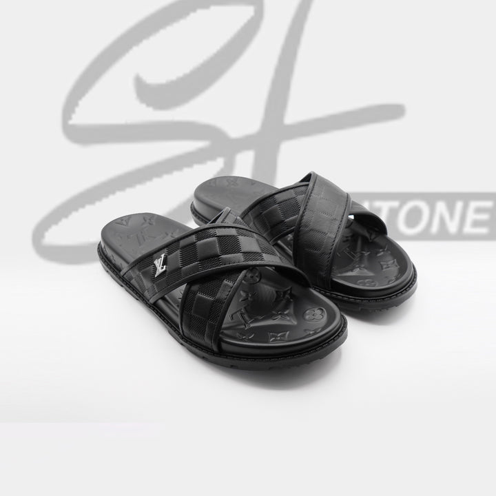 LV Black Premium Quality Upper Slide Leather Slipper