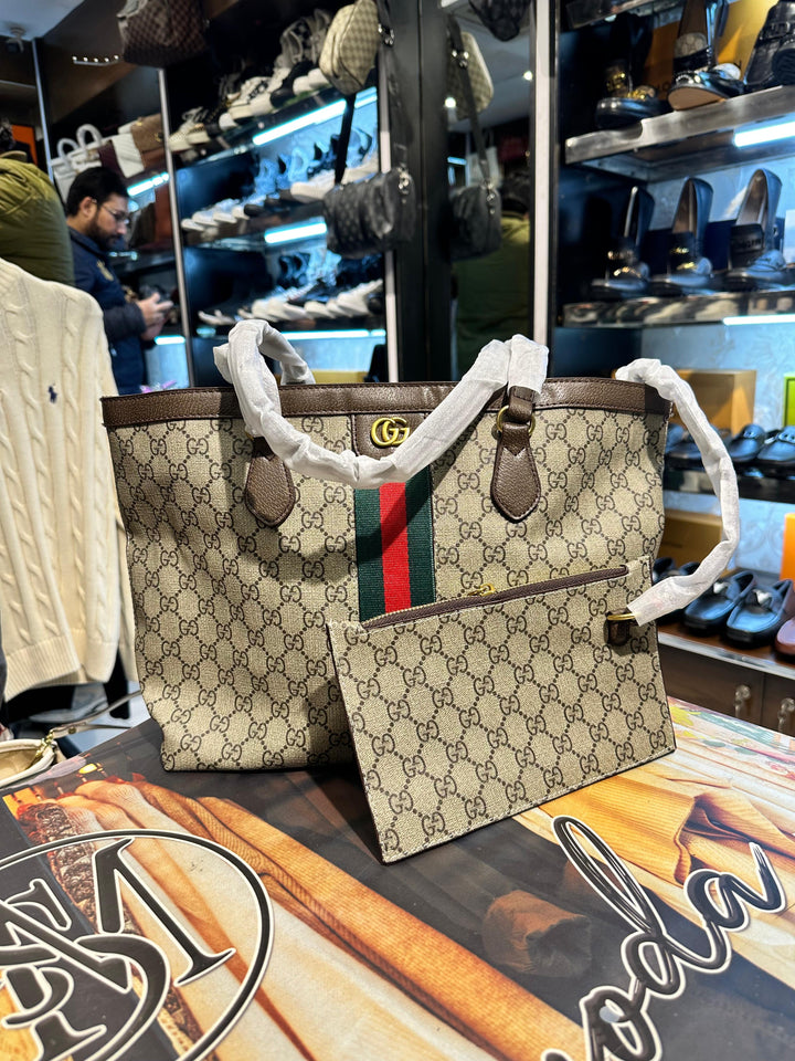 Gucci Ophidia GG Medium Tote Bag with Signature Green and Red Web