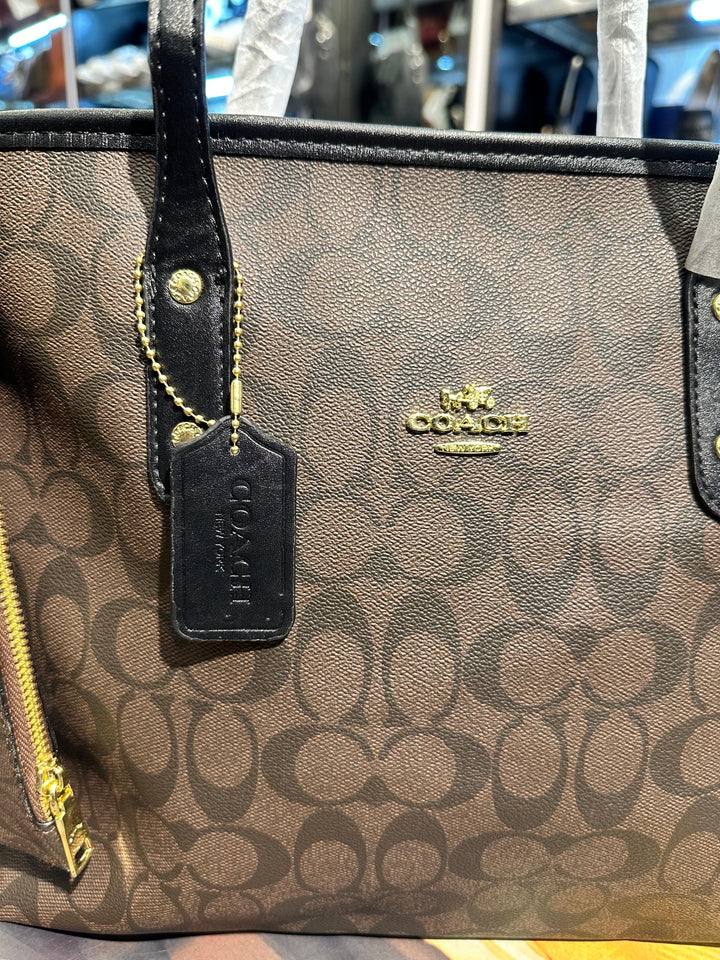 Coach City Tote in Signature Dark Brown & Black Monogram Canvas