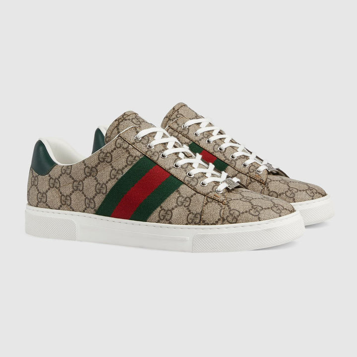 Gucci GG Supreme Ace Sneakers with Web Stripe - Beige/Ebony
