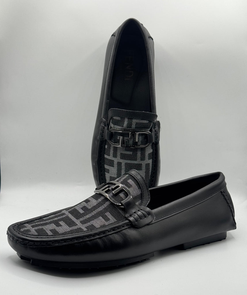 Fendi Black Leather Moccasins with Monogram Canvas