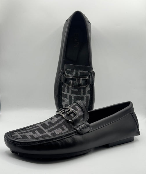 Fendi Black Leather Moccasins with Monogram Canvas