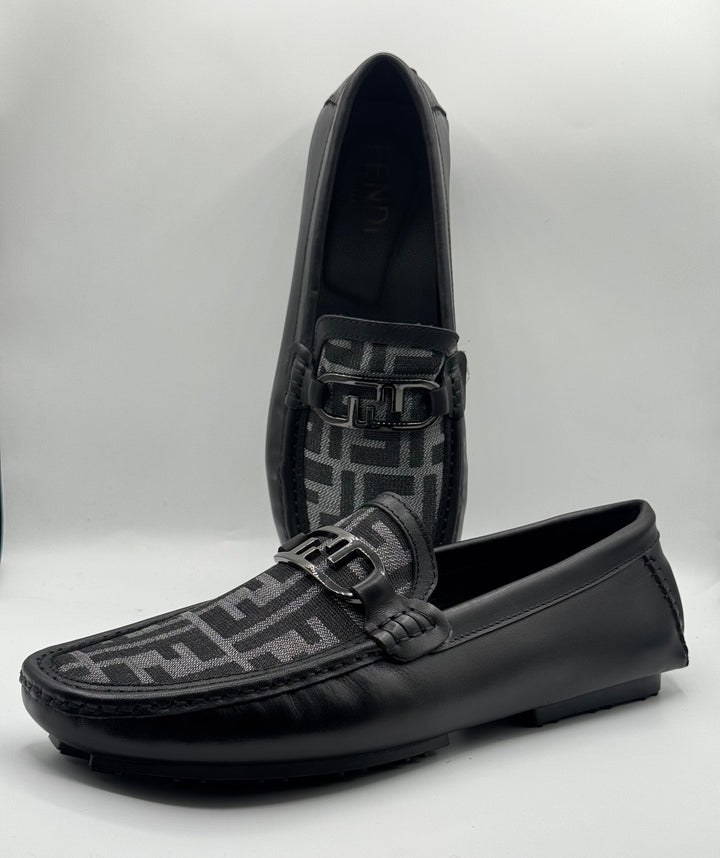 Fendi Black Leather Moccasins with Monogram Canvas