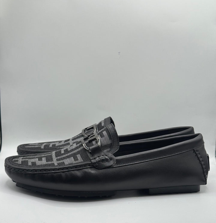 Fendi Black Leather Moccasins with Monogram Canvas