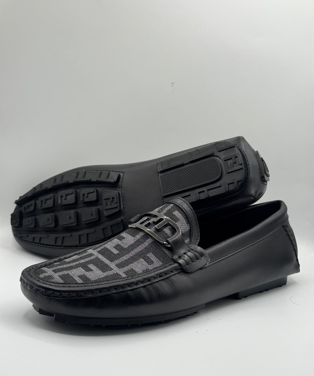 Fendi Black Leather Moccasins with Monogram Canvas