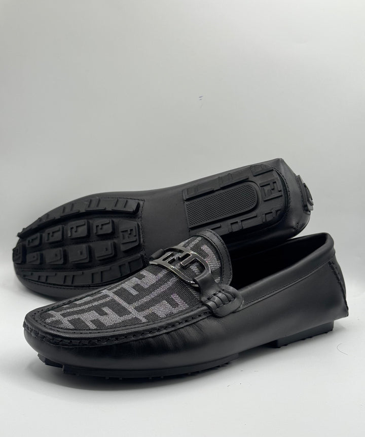 Fendi Black Leather Moccasins with Monogram Canvas