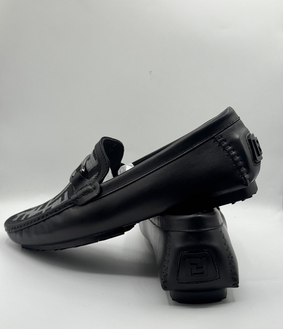Fendi Black Leather Moccasins with Monogram Canvas