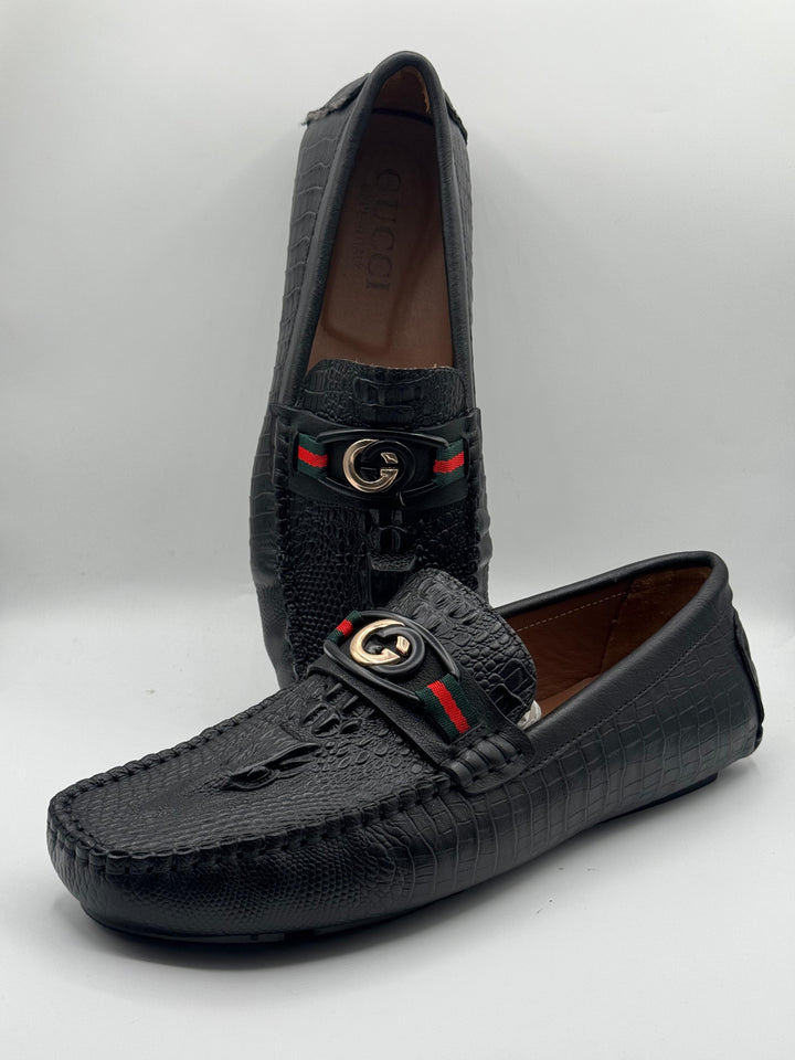 Gucci Black Croc-Embossed Leather Moccasins with GG Belt
