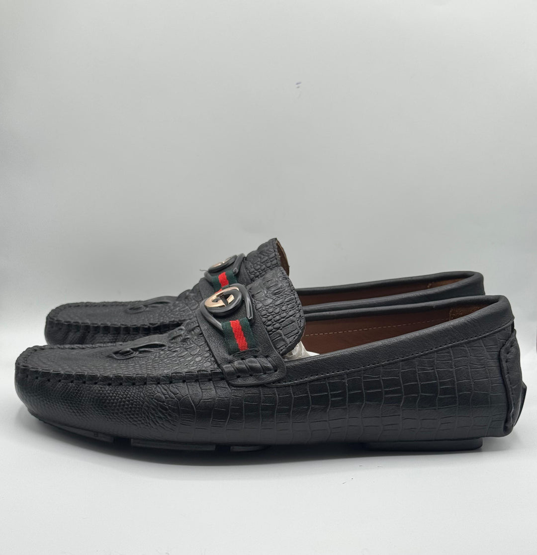 Gucci Black Croc-Embossed Leather Moccasins with GG Belt