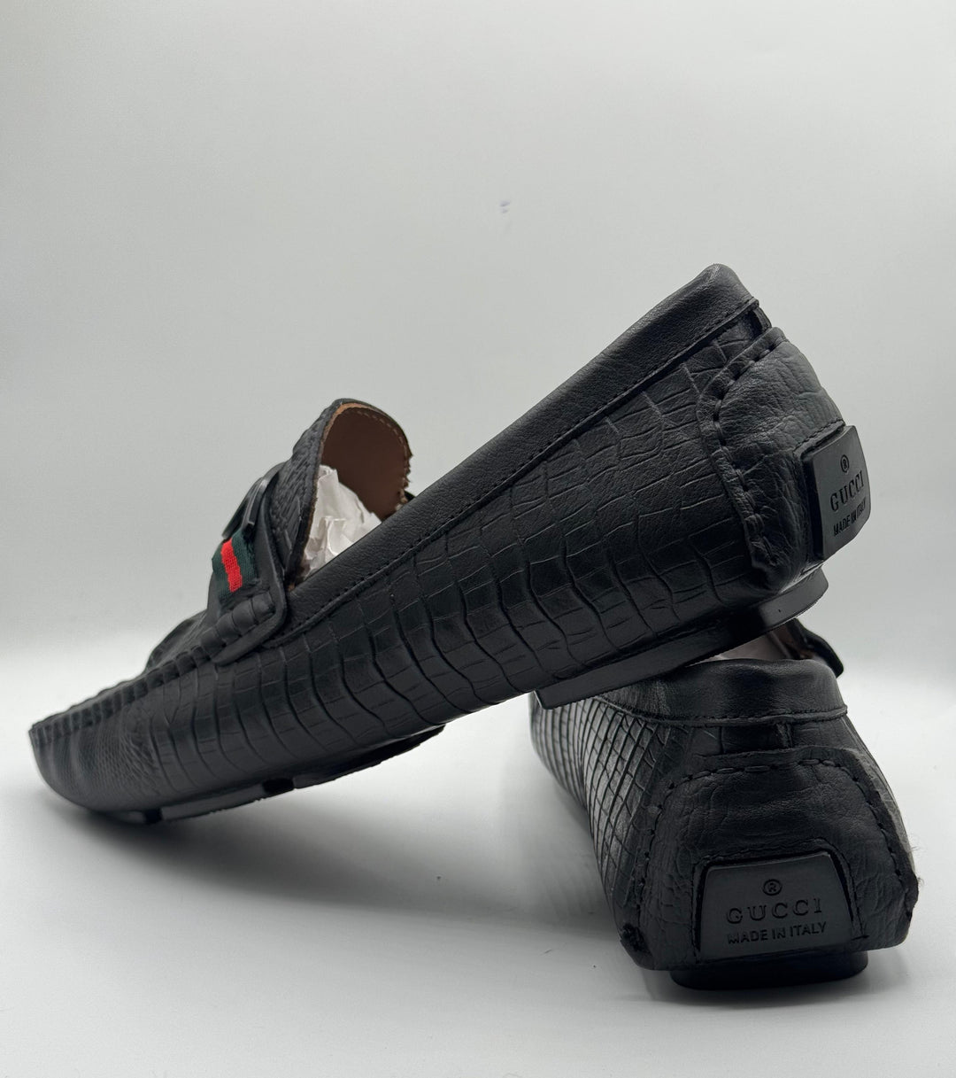 Gucci Black Croc-Embossed Leather Moccasins with GG Belt