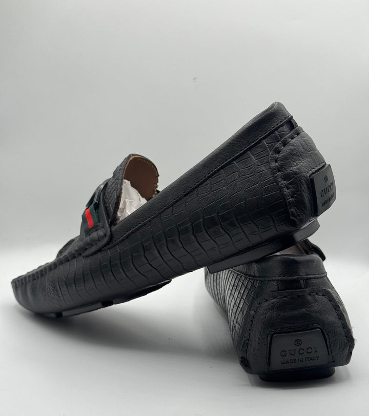 Gucci Black Croc-Embossed Leather Moccasins with GG Belt