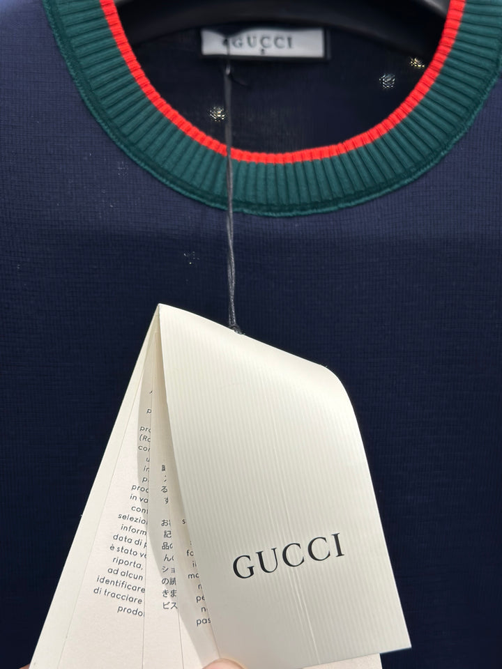 Gucci Men's Navy Knit T-Shirt With Green Red Web