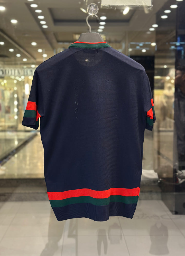 Gucci Men's Navy Knit T-Shirt With Green Red Web