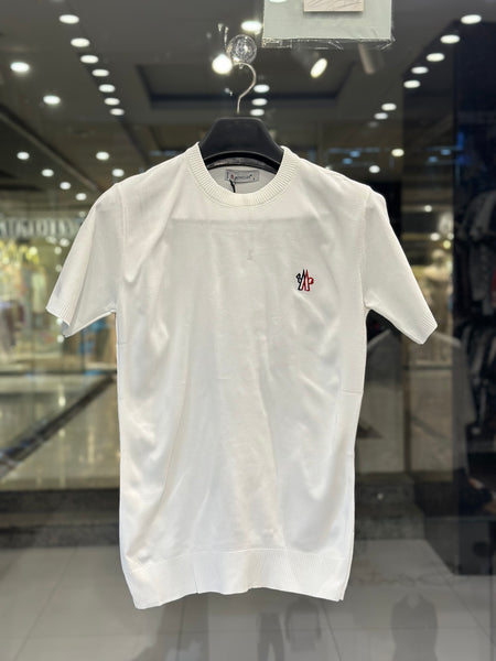 Moncler Men's White Cotton Knit T-Shirt With Logo Patch