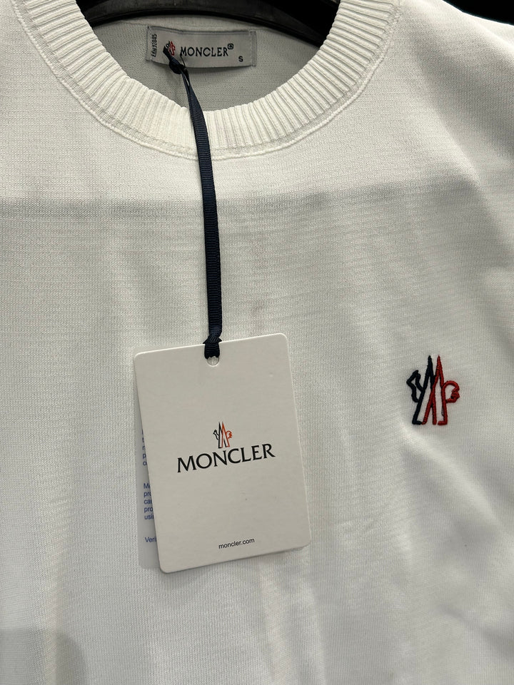 Moncler Men's White Cotton Knit T-Shirt With Logo Patch
