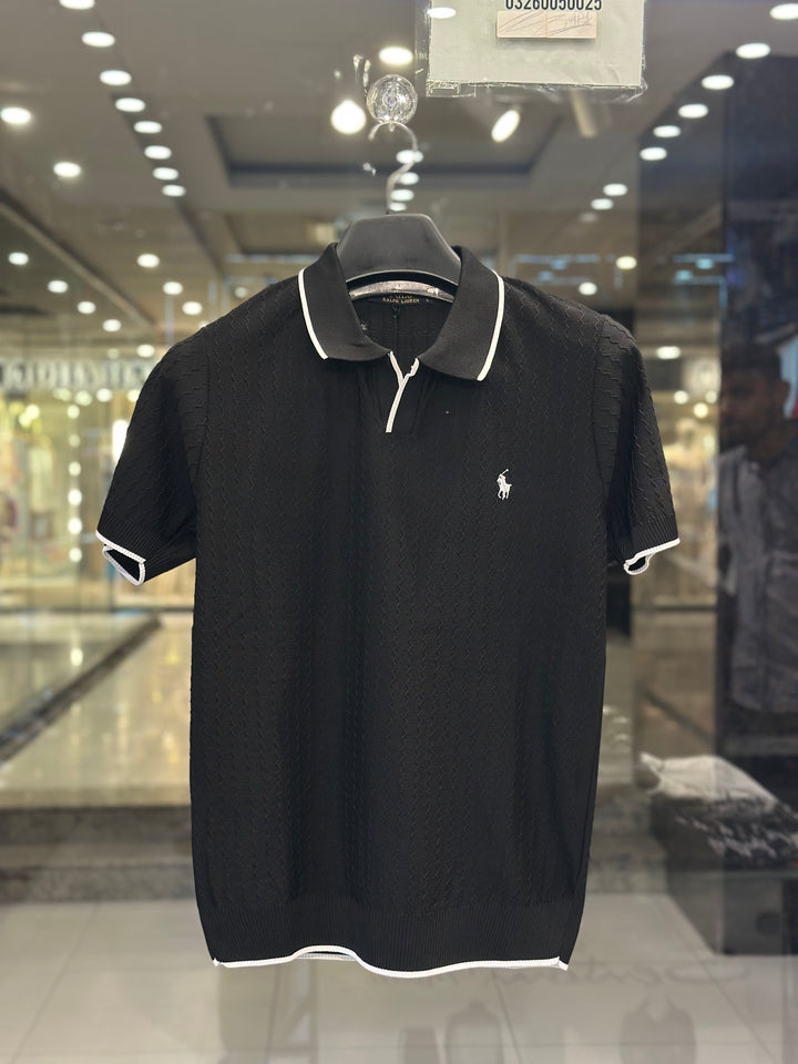 Ralph Lauren Men's Black Knit Polo With White Tipping