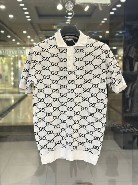 Gucci Men's White Knit Polo With Black GG Monogram