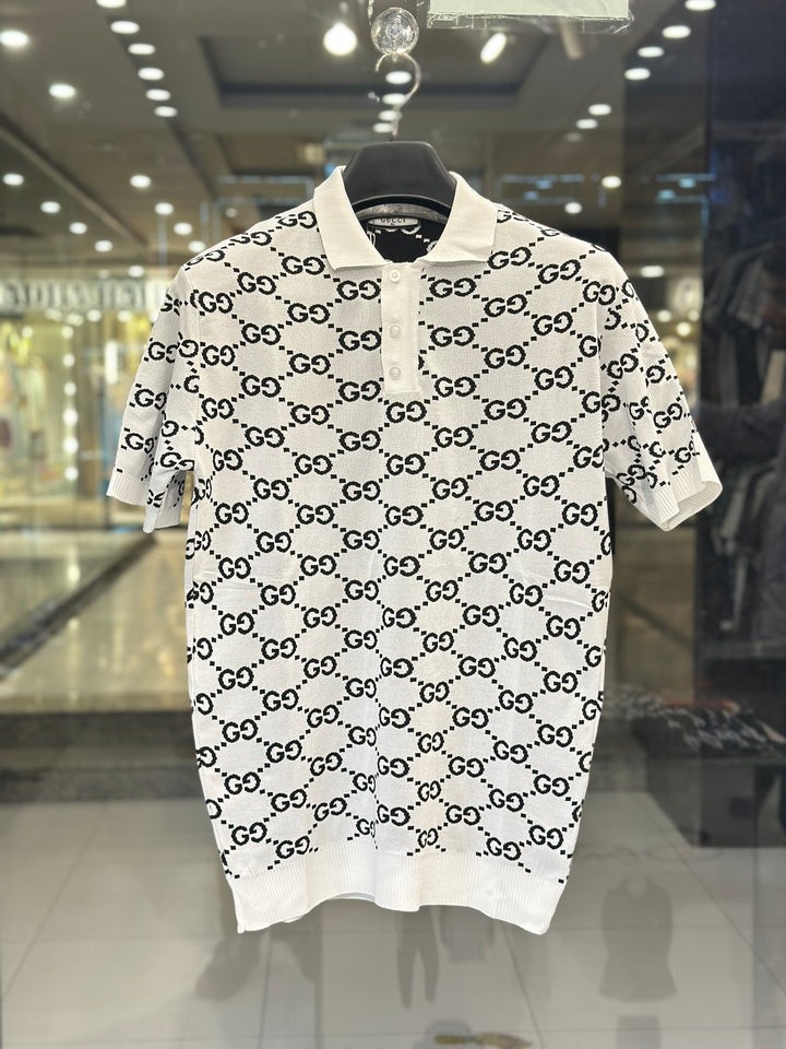 Gucci Men's White Knit Polo With Black GG Monogram