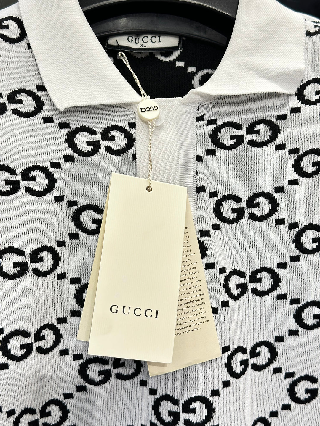 Gucci Men's White Knit Polo With Black GG Monogram