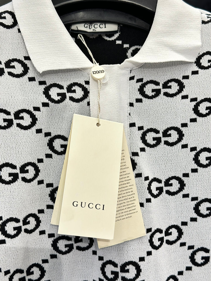 Gucci Men's White Knit Polo With Black GG Monogram
