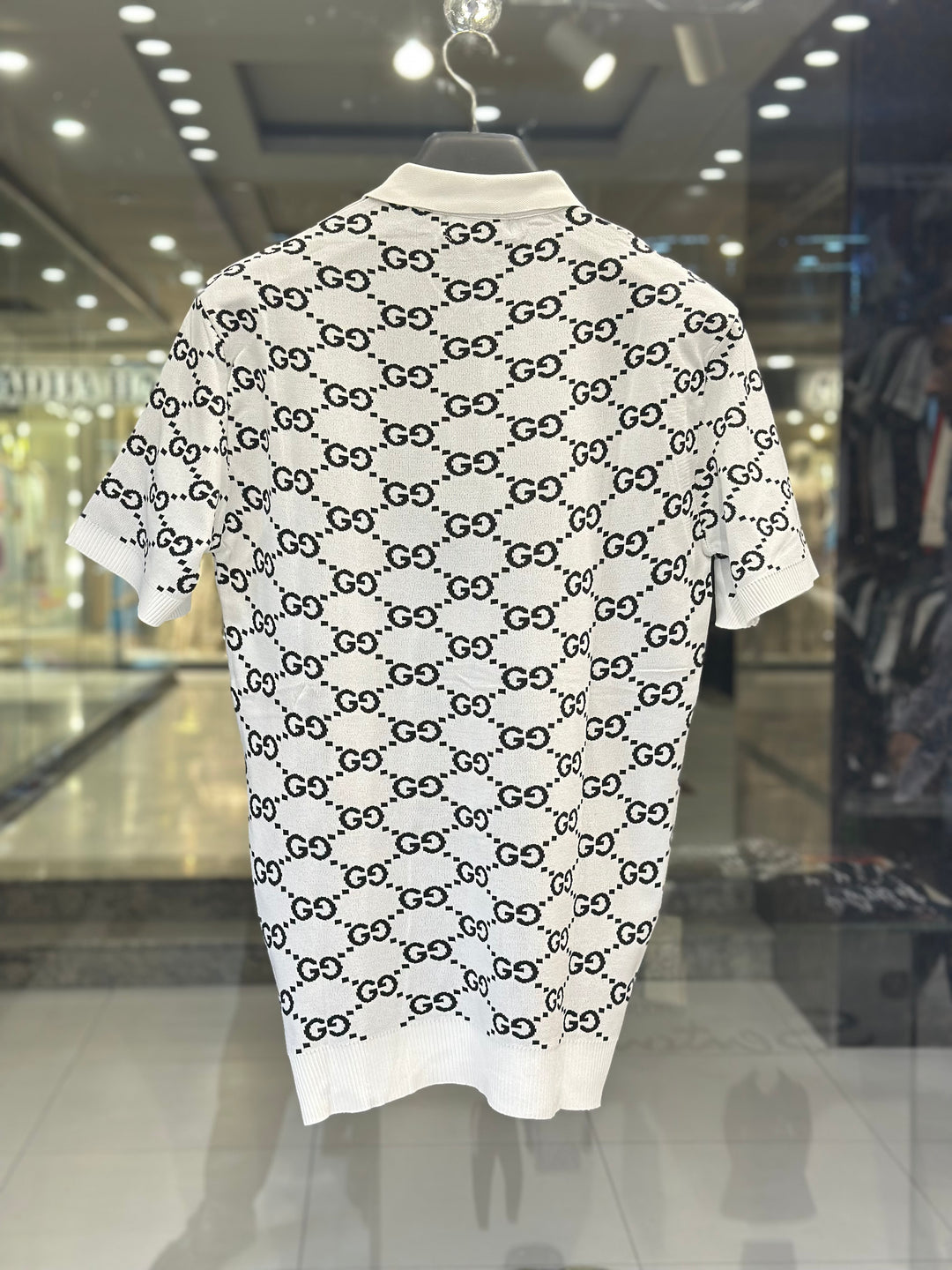 Gucci Men's White Knit Polo With Black GG Monogram