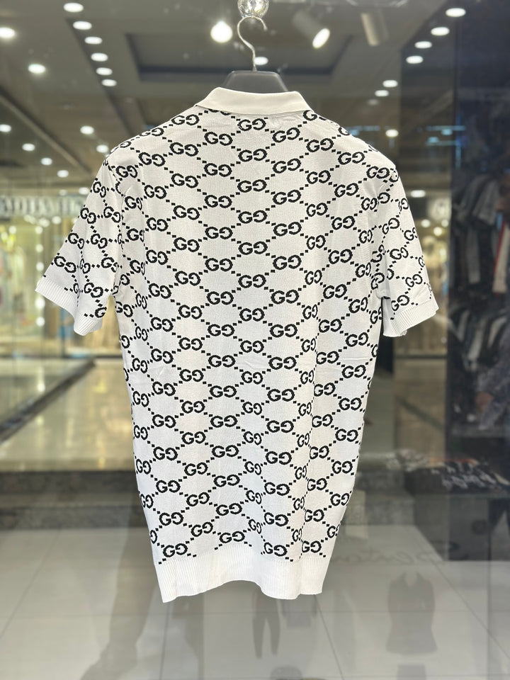 Gucci Men's White Knit Polo With Black GG Monogram