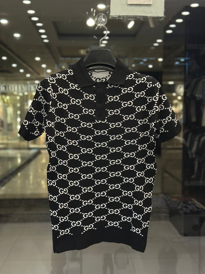 Gucci Men's Black Knit Polo With White GG Monogram