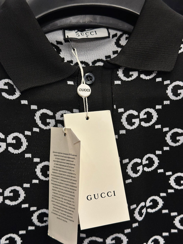 Gucci Men's Black Knit Polo With White GG Monogram