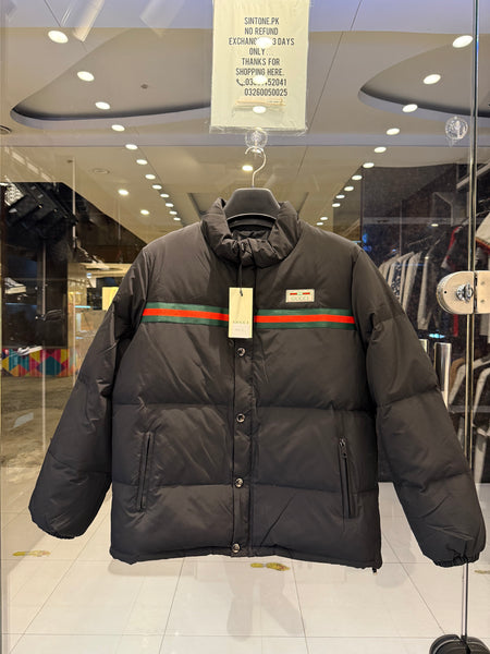 Premium Men's Black Puffer Jacket with Iconic Red & Green Web Stripe