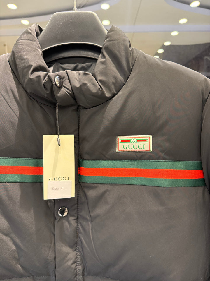 Premium Men's Black Puffer Jacket with Iconic Red & Green Web Stripe