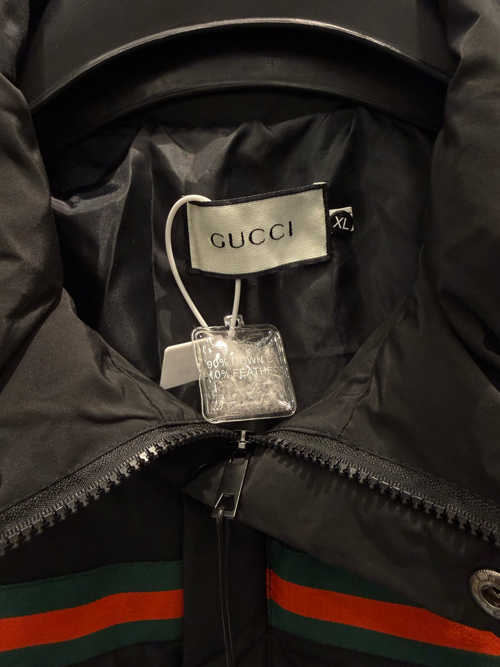 Premium Men's Black Puffer Jacket with Iconic Red & Green Web Stripe