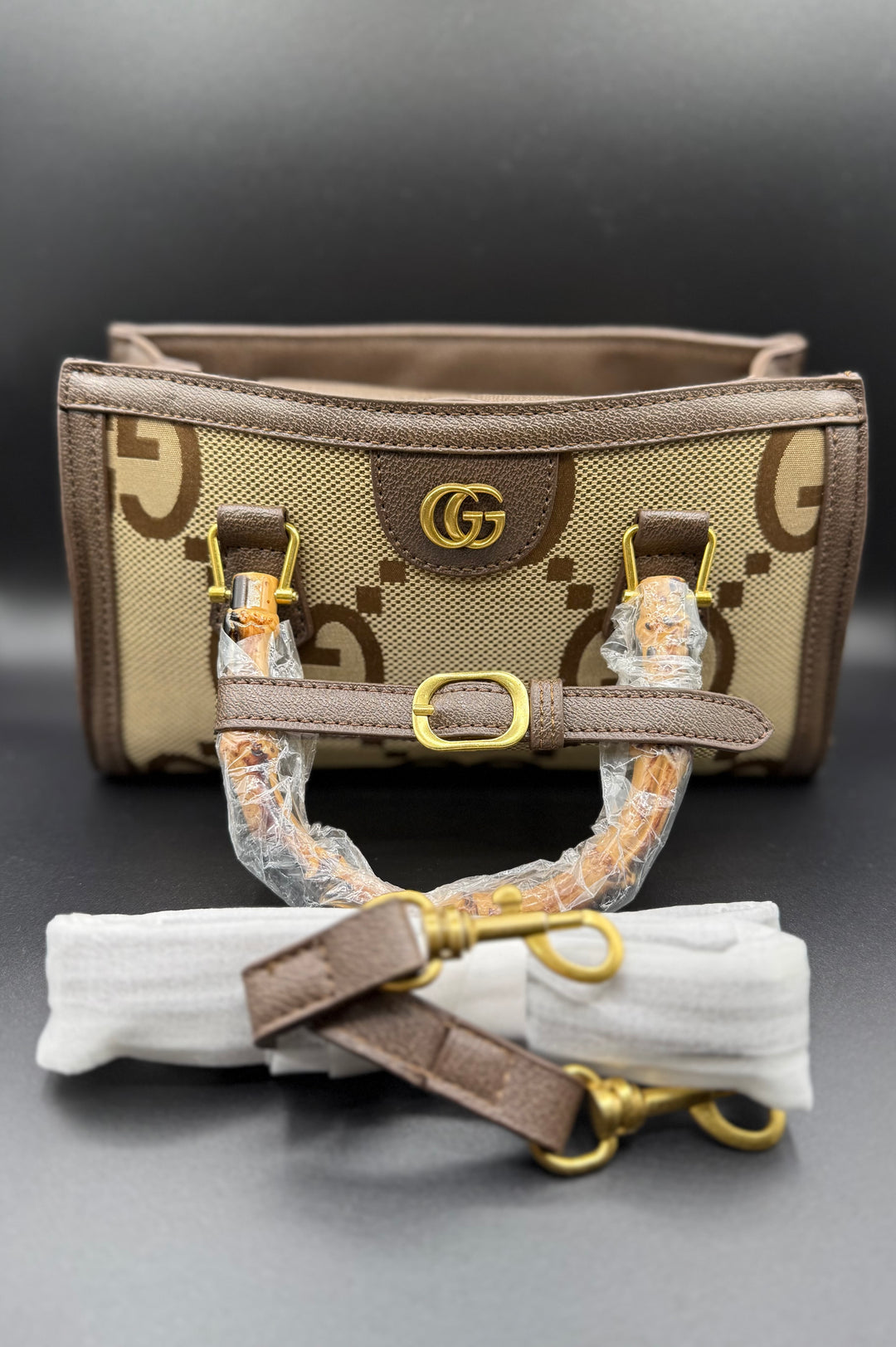 Gucci-Inspired Jumbo GG Monogram Bamboo Handle Tote Bag