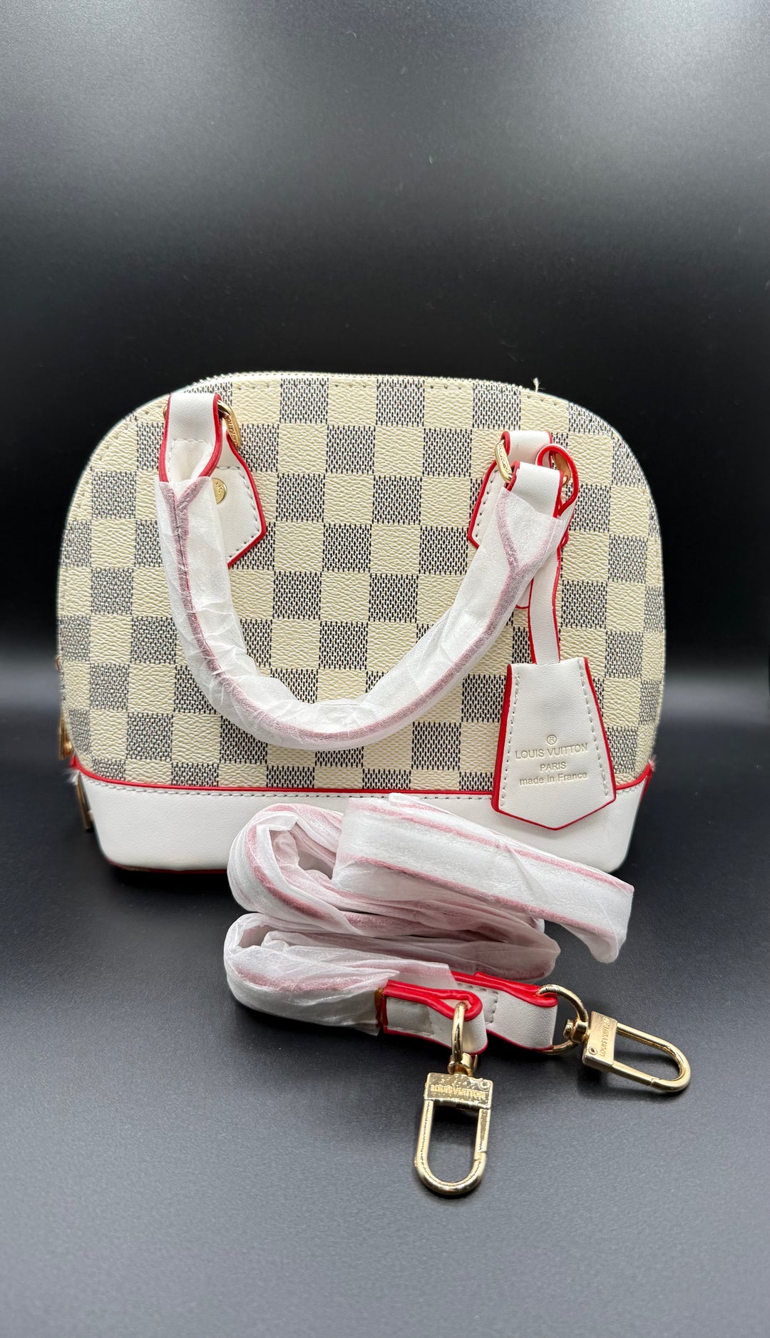 LV-Inspired Damier Azur Alma BB Style Top Handle Bag