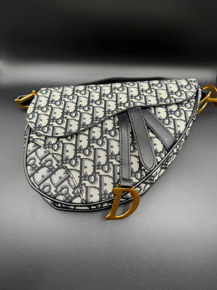 Dior-Inspired Oblique Jacquard Saddle Bag with Embroidered Canvas Strap