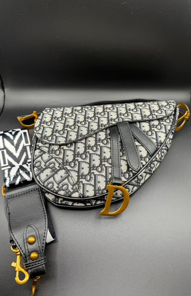 Dior-Inspired Oblique Jacquard Saddle Bag with Embroidered Canvas Strap