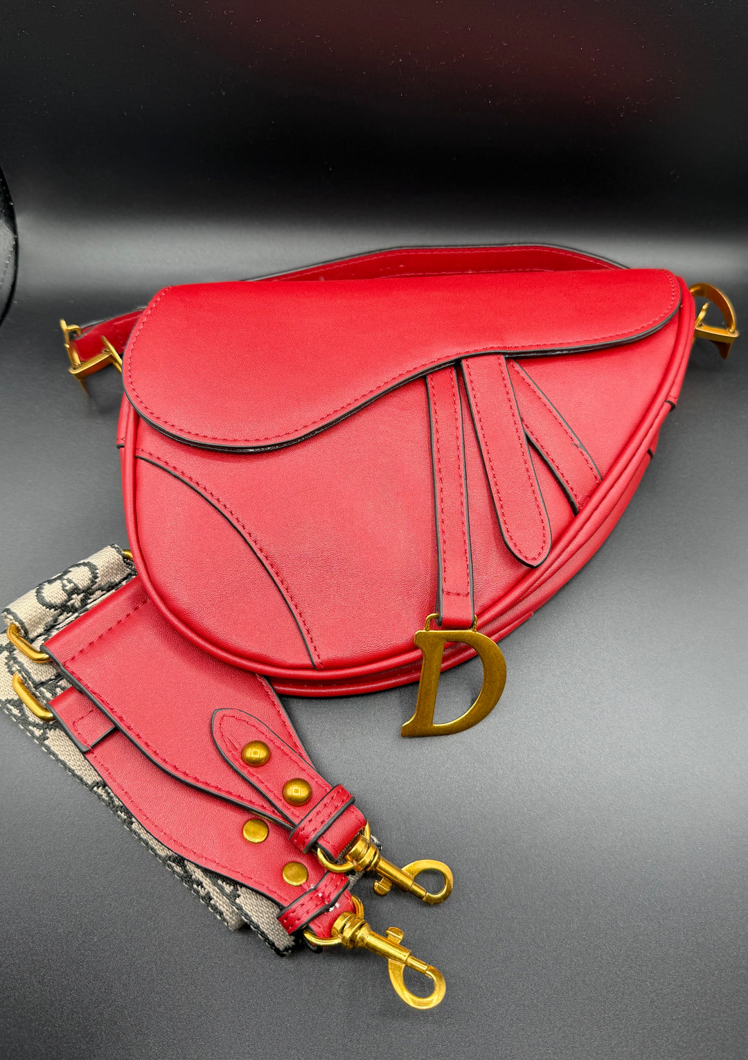 Dior-Inspired Matte Leather Saddle Bag with Luxury Embroidered Canvas Strap