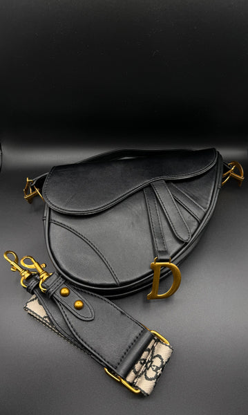 Dior-Inspired Matte Leather Saddle Bag with Luxury Embroidered Canvas Strap