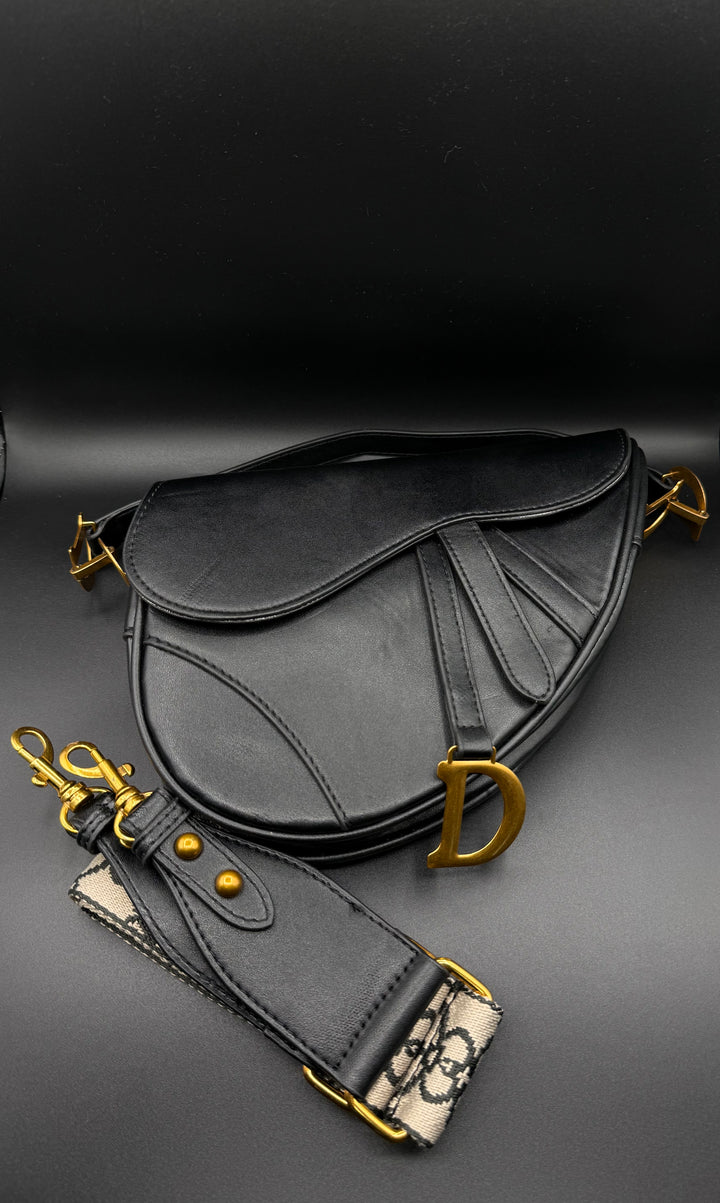 Dior-Inspired Matte Leather Saddle Bag with Luxury Embroidered Canvas Strap