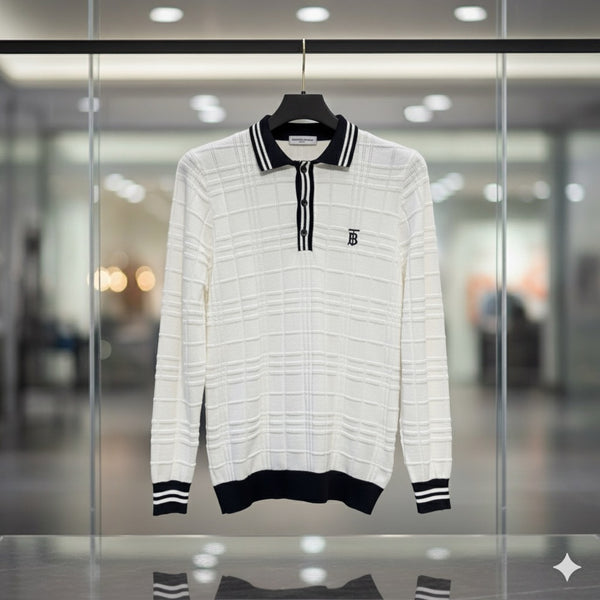 Burberry-inspired knit polo shirt – White & Black Trim