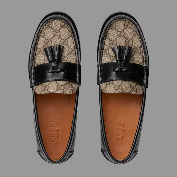 Men’s Black Leather Loafers with GG Supreme & Tassels – Sintone.pk