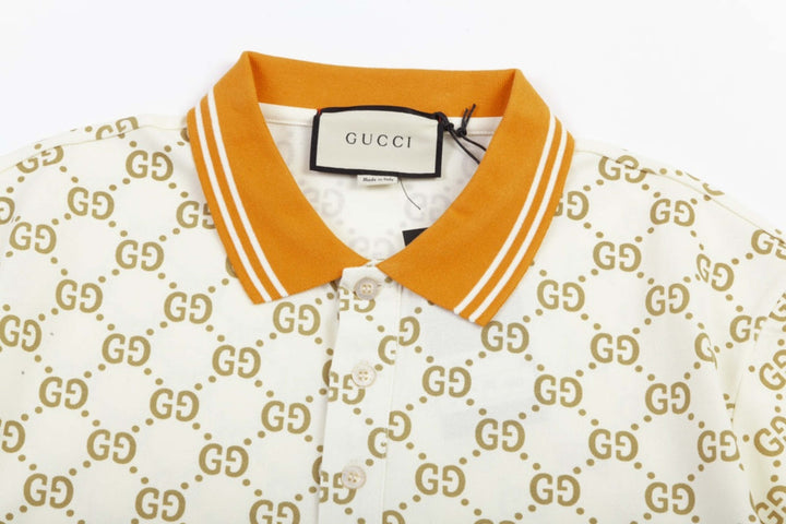 Gucci Monogram Beige Polo Shirt with Orange Collar