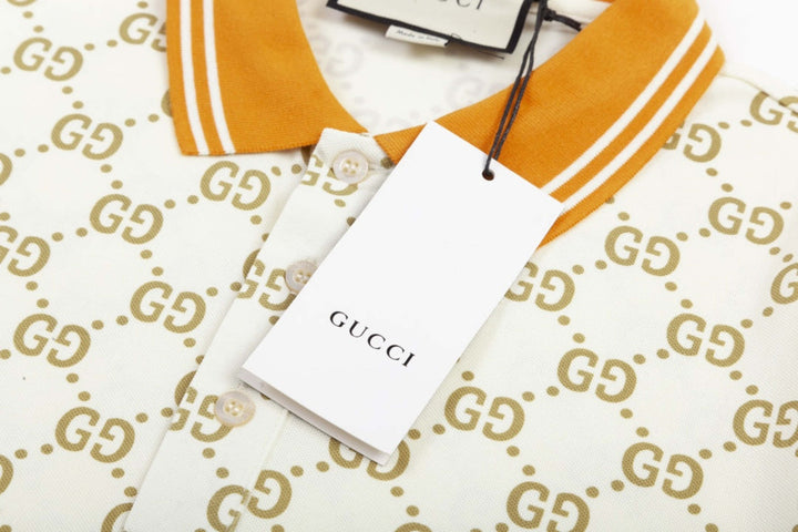 Gucci Monogram Beige Polo Shirt with Orange Collar