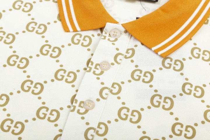 Gucci Monogram Beige Polo Shirt with Orange Collar